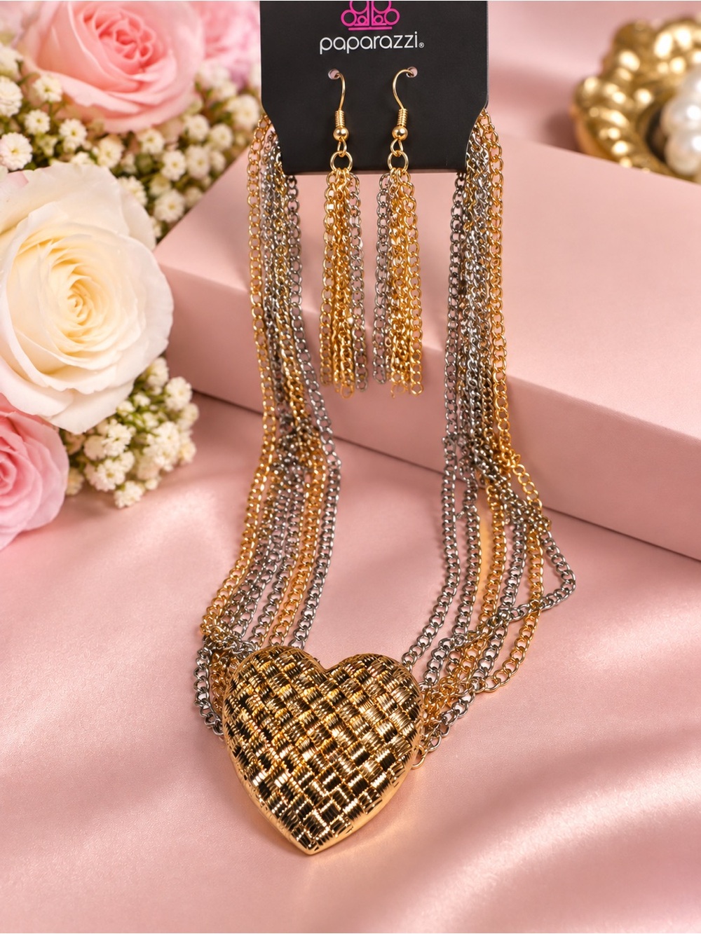 paparazzi Gold and Silver Woven Heart Multi-Strand Necklace with Tassel Earrings